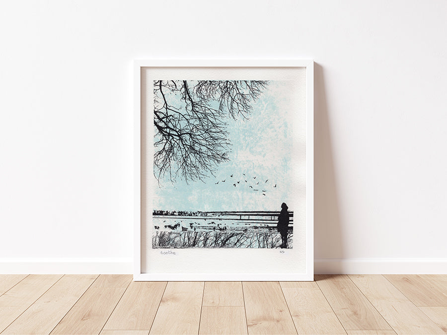 Original art, Soothe, beach scene, figure, trees, birds