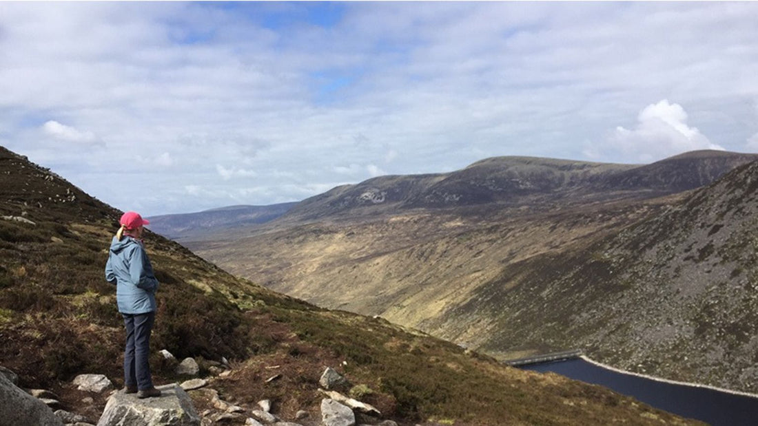 a woman looking at a view of the mourne mountainss