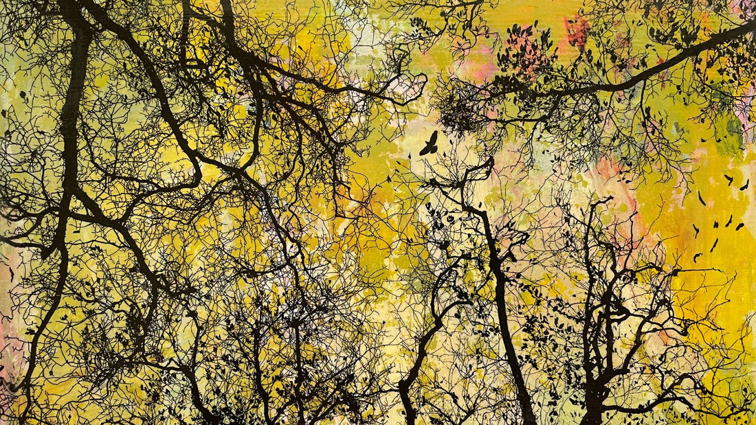 Close-up detail of 'Soar' landscape print by Northern Irish artist Norma, featuring bright yellow tones, ethereal trees, and a bird to bring Spring light into your home