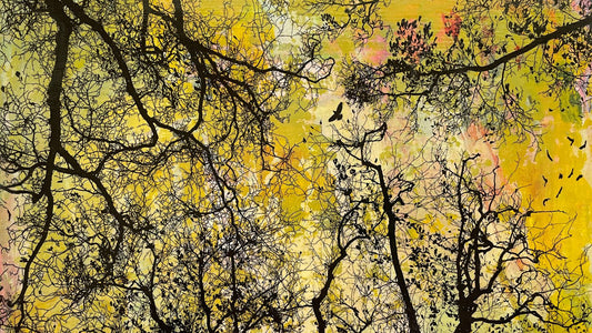 Close-up detail of 'Soar' landscape print by Northern Irish artist Norma, featuring bright yellow tones, ethereal trees, and a bird to bring Spring light into your home