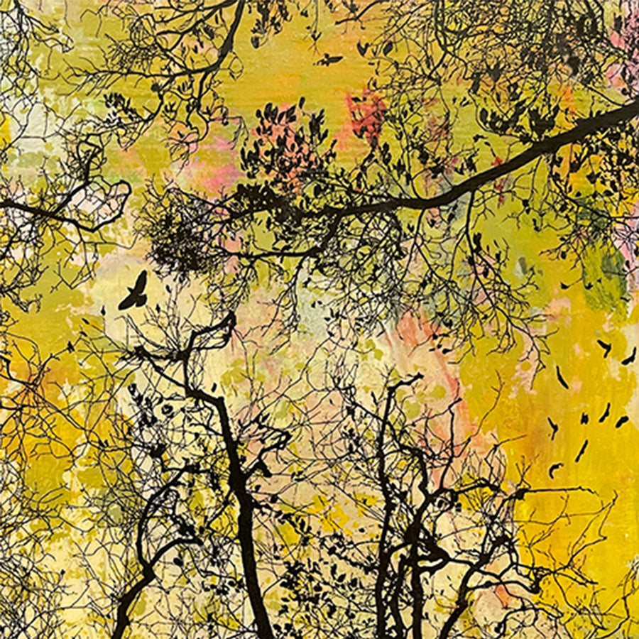 Detail of 'Soar' canvas print showing rich yellow textures and delicate bird silhouettes.